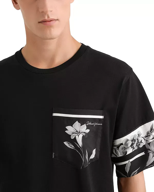 Футболка с цветочным принтом и карманом Dolce & Gabbana, Black — фото 4