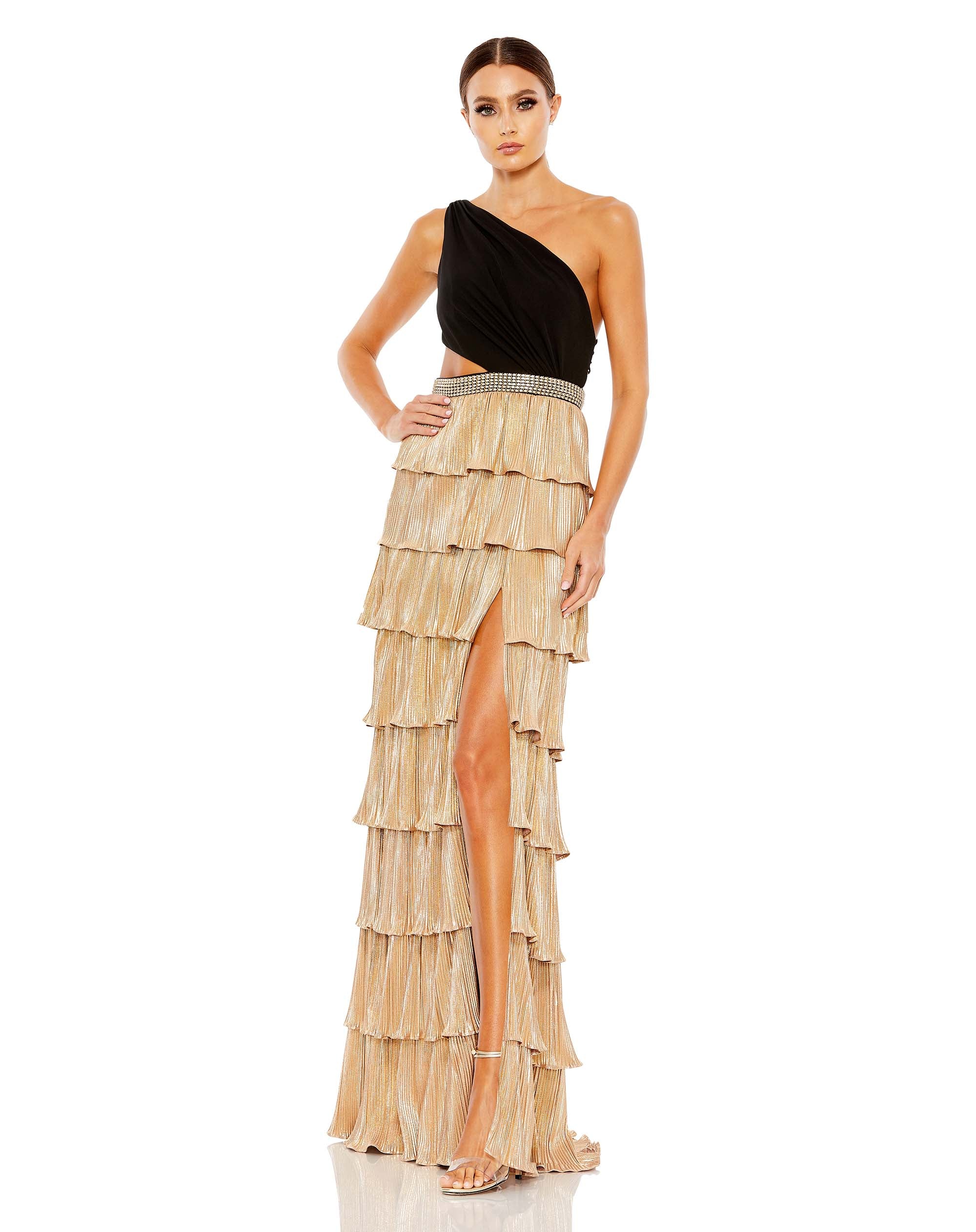 

Платье металлик на одно плечо с оборками и ярусами Mac Duggal, цвет black gold