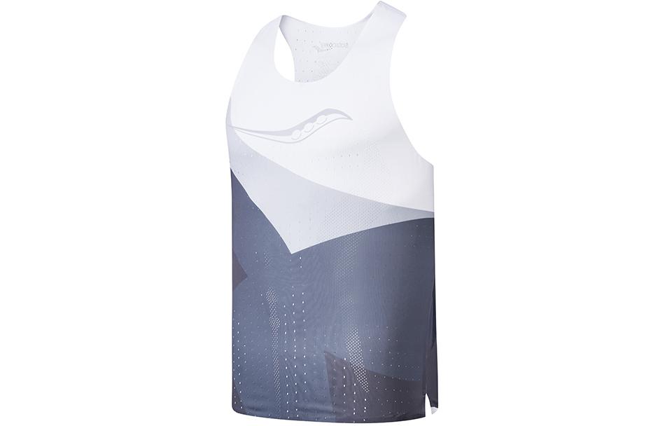 

Футболка майка мужская белая основа с черно-серым принтом колорблок Saucony