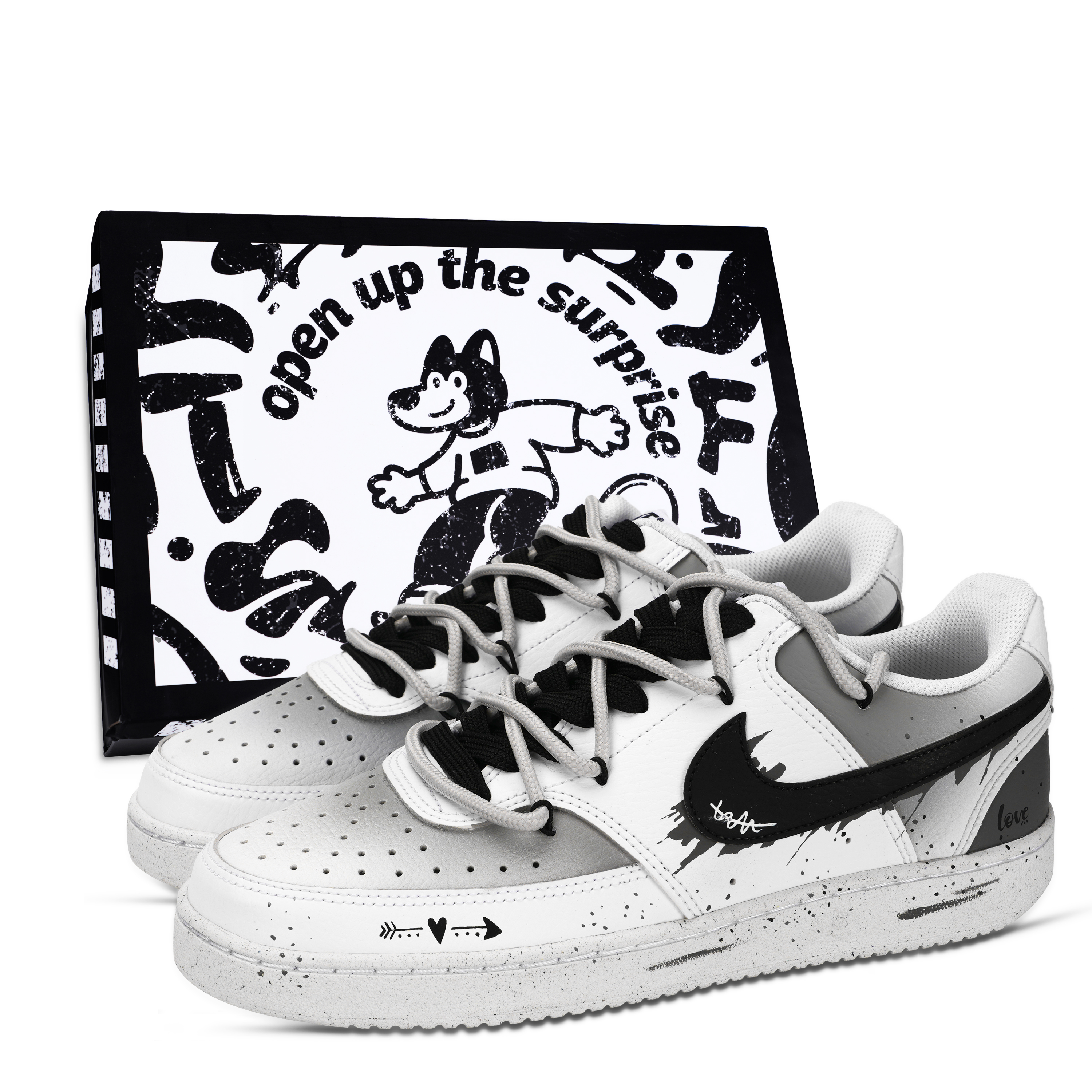 

Nike Кроссовки Court Vision 1 Deep Love Box, износостойкие, низкие, для скейтбординга, мужские, черные, белые, серые