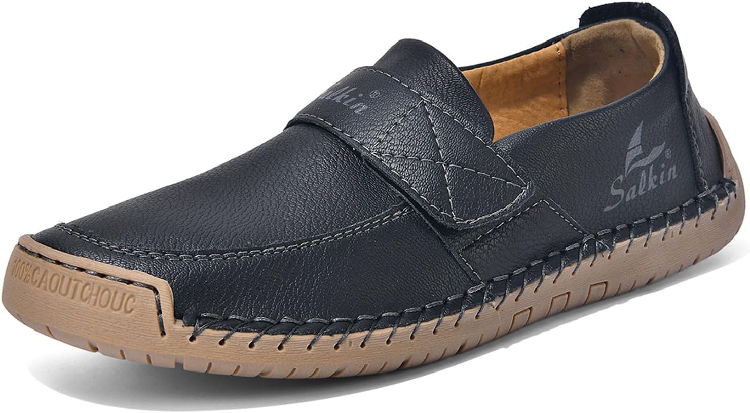 

Мужские повседневные лоферы без шнурков, вручную сшитые кожаные мокасины с ремешком на липучке, противоскользящей мягкой подошвой, прогулок и на улицу Eggdk, черный