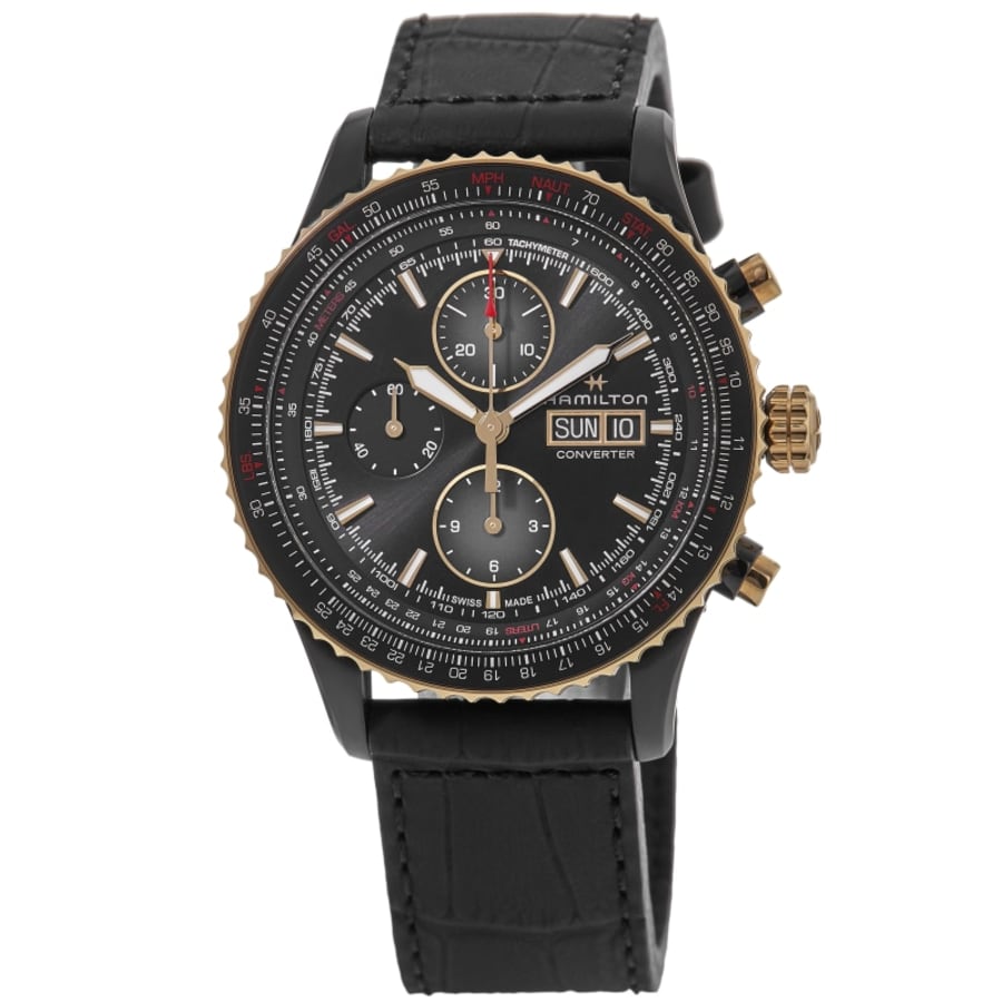 

Hamilton Khaki Aviation Converter Auto Chrono черный циферблат PVD сталь кожаный ремешок мужские часы