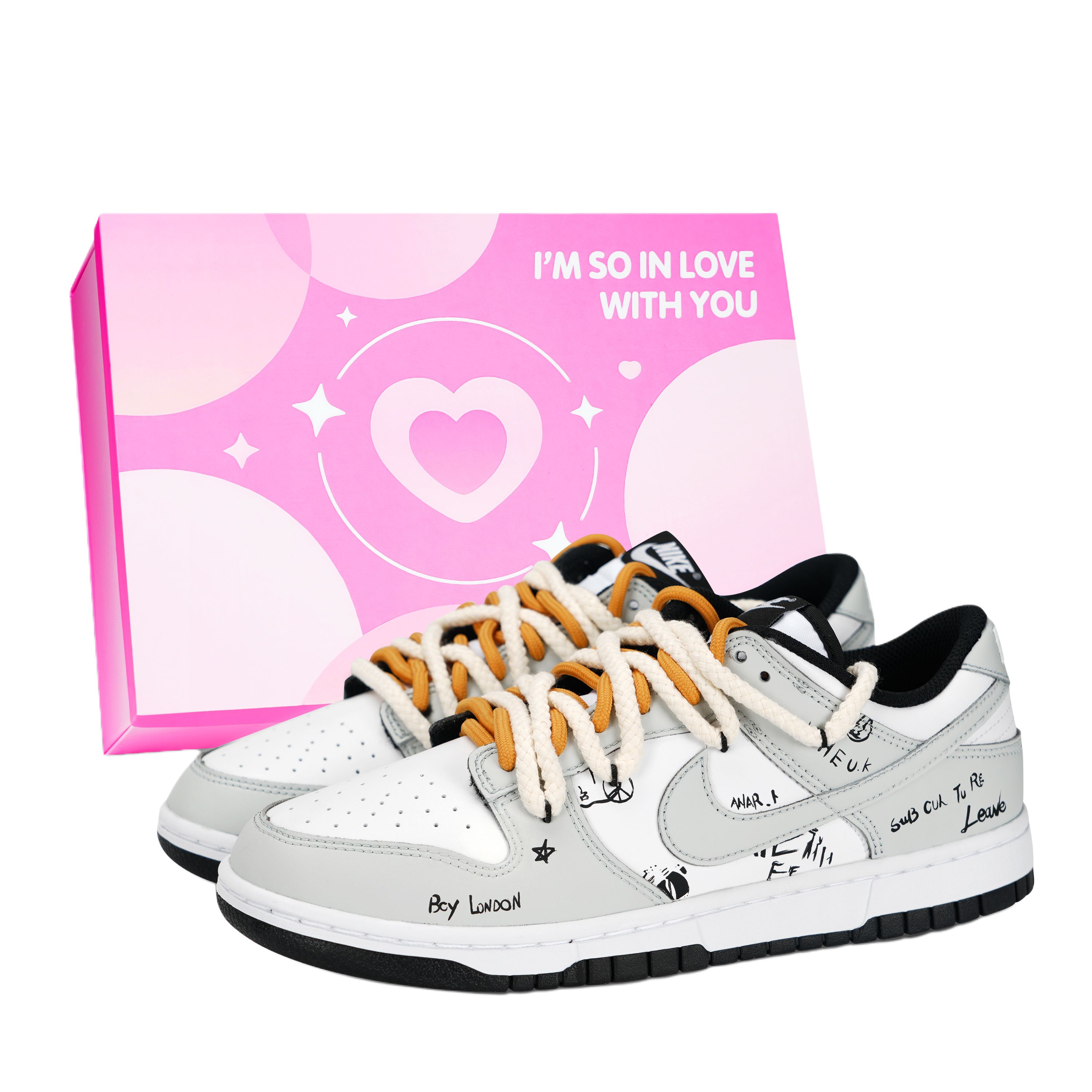 

Nike Кроссовки для скейтбординга Dunk Black White, Graffiti Text Slip Resistant Abrasion Resistant низкие, унисекс, gray