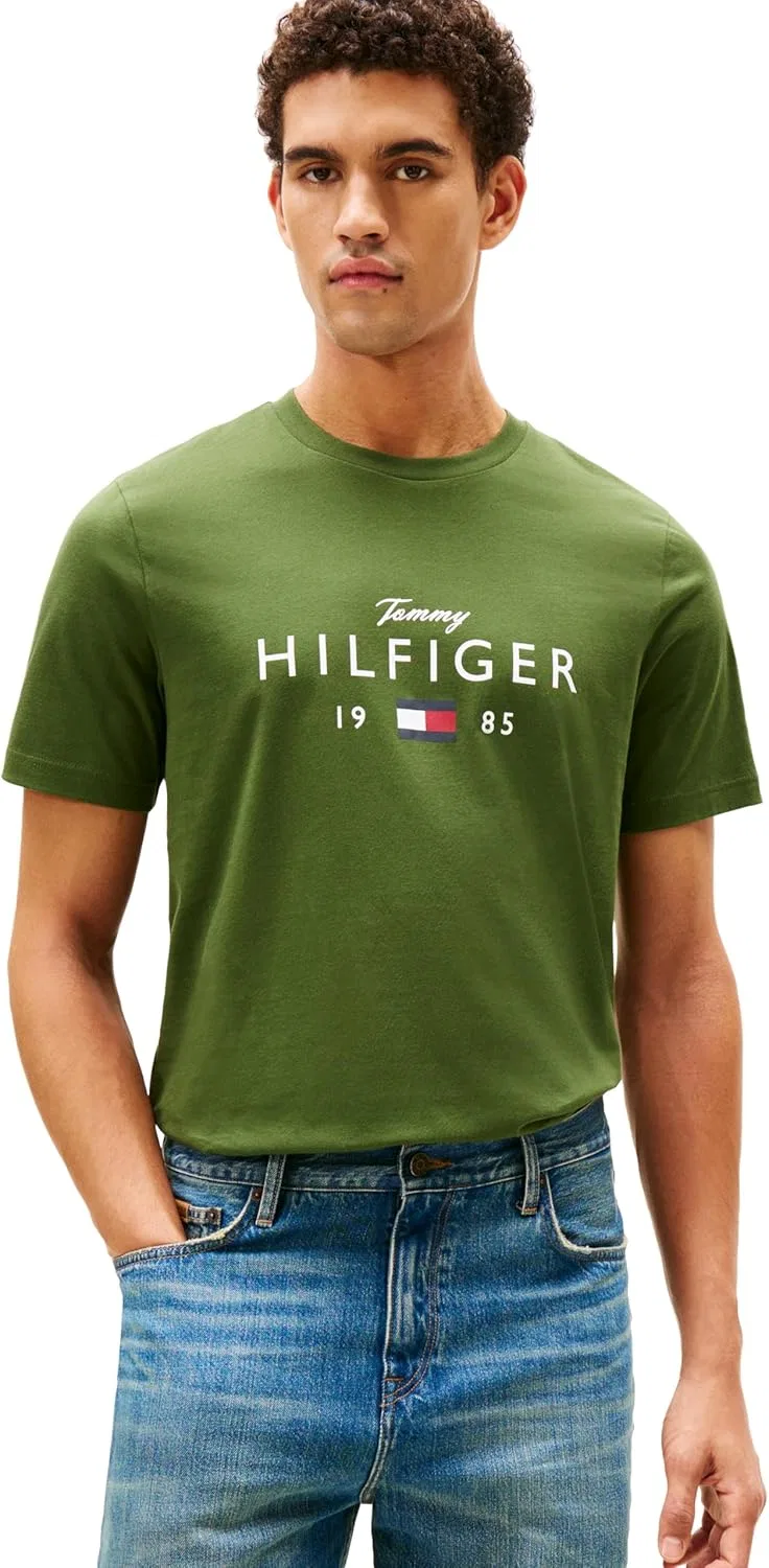 Мужская хлопковая футболка с коротким рукавом Tommy Hilfiger с графическим принтом, надписью и логотипом в виде флага