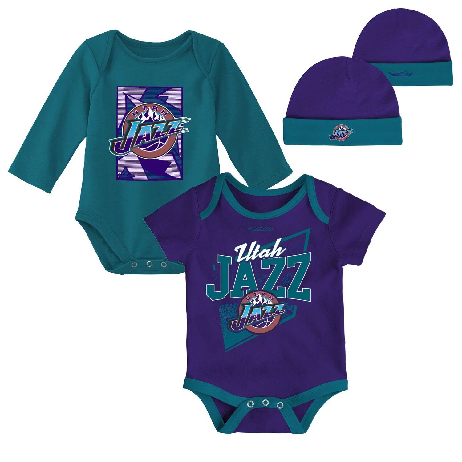 

Классические боди из твердой древесины для младенцев Mitchell & Ness, фиолетовый/бирюзовый цвет, комплект из трикотажной шапки с манжетами Unbranded