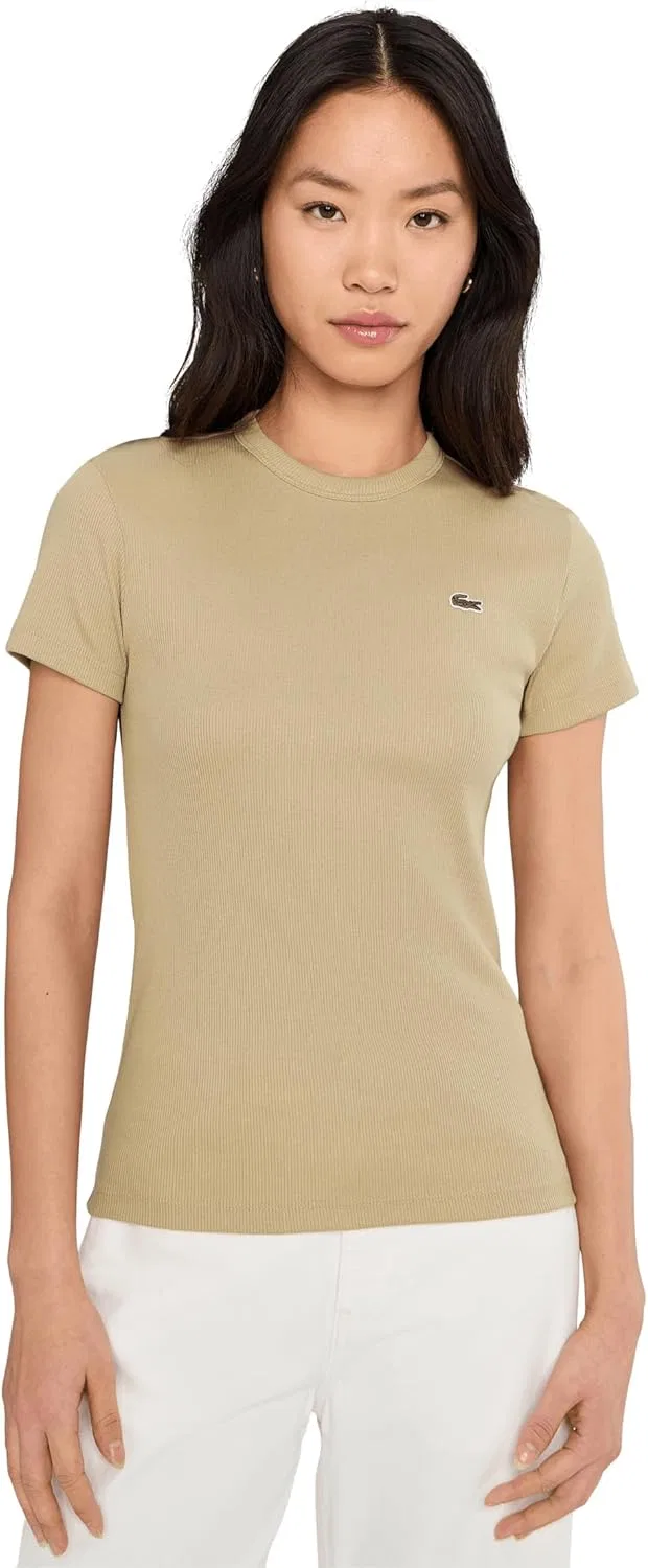 Футболка Lacoste женская приталенная в рубчик, органический хлопок, белая