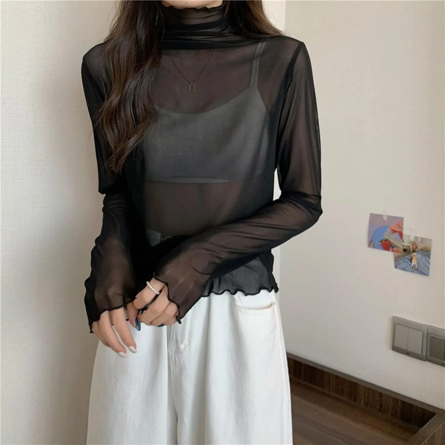 Блузка кружевная с высоким воротом See-through Top, черный — фото 2
