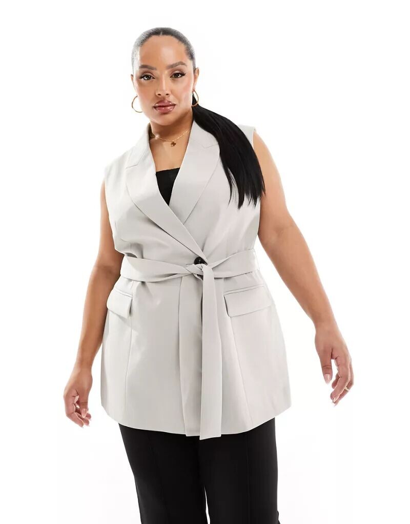 

Светло-серый пиджак без рукавов с поясом ASOS Curve