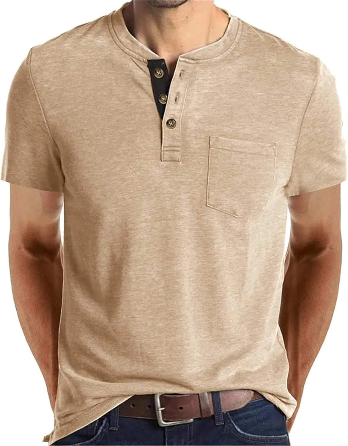 

Мужская футболка-хенли с коротким рукавом, 3 пуговицы, карман NJNJGO