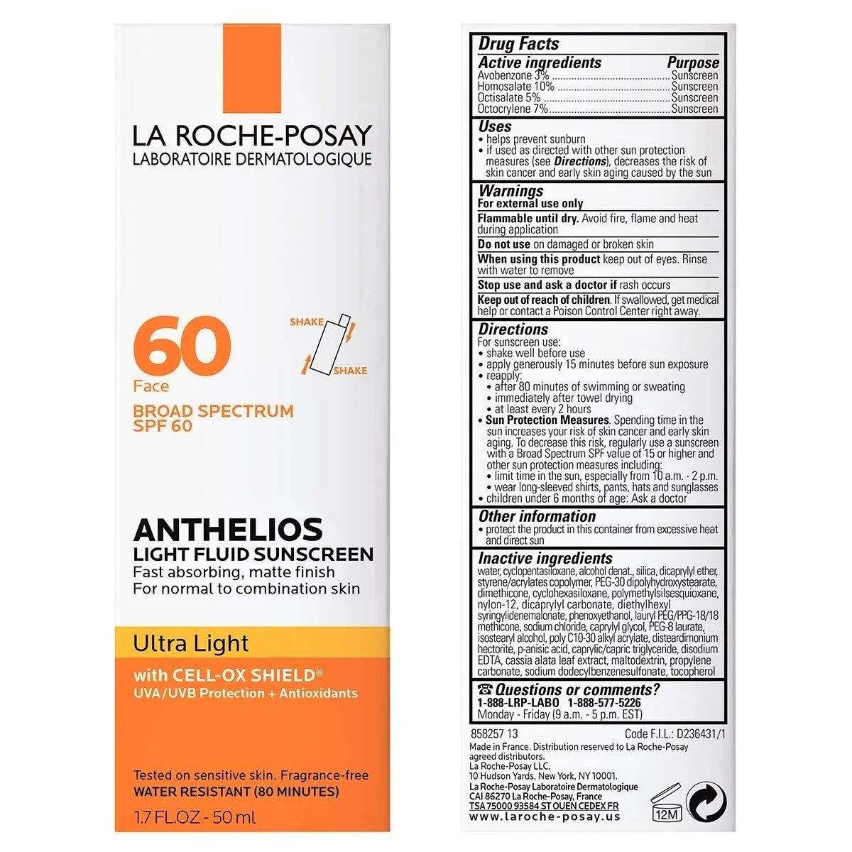 Солнцезащитный крем для лица La Roche-Posay Anthelios Light Fluid SPF 60, легкий, жидкий, с широким спектром защиты SPF + антиоксиданты, без масел и оксибензона, дорожный размер 1,7 жидких унций., No Color — фото 2