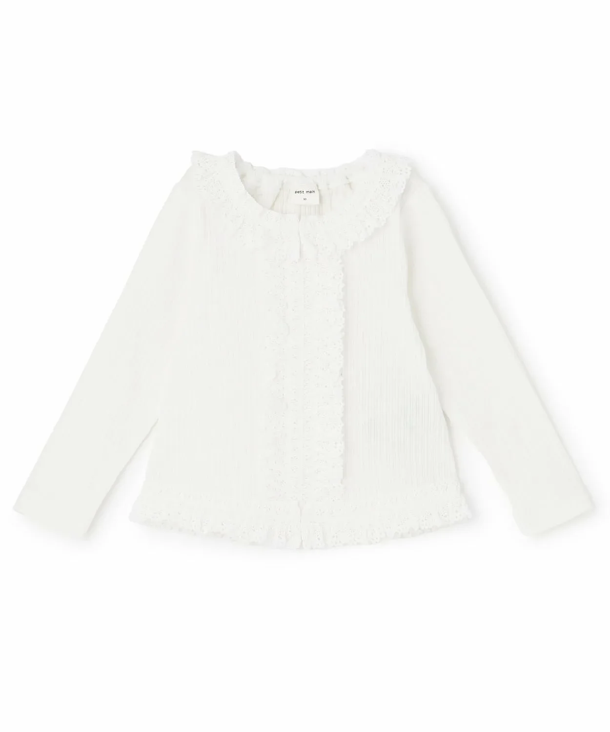 Футболка с длинными рукавами из махровой ткани с кружевной оборкой Petit main, Off white