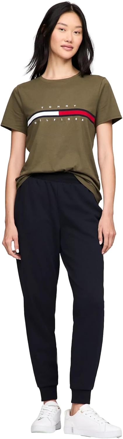 Женская футболка с полосатым логотипом Tommy Hilfiger, Embroidered-Flag Army Green. — фото 2