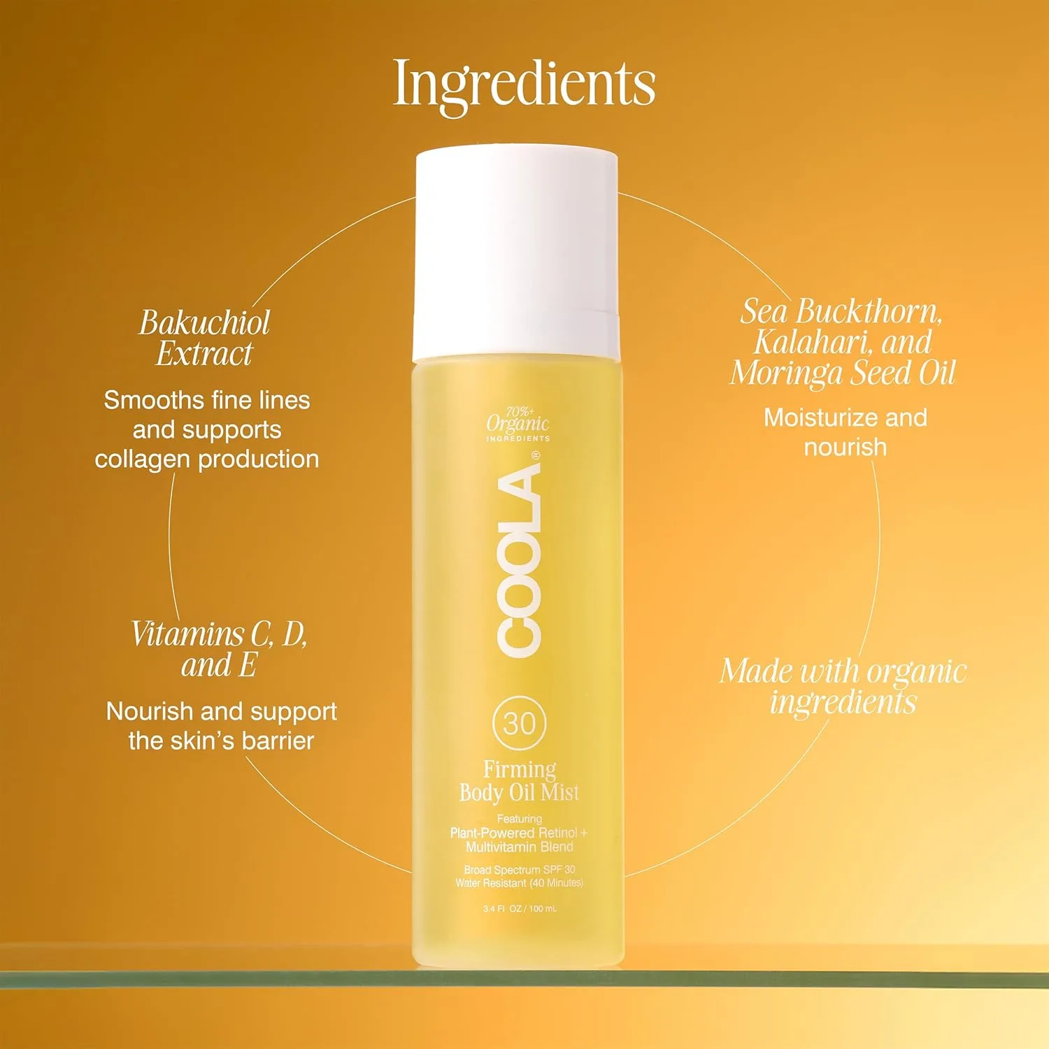 Укрепляющий спрей для тела COOLA SPF 30, легкий увлажняющий органический солнцезащитный спрей с бакучиолом, витаминами C, D, E, маслами облепихи и моринги, укрепляет и разглаживает кожу, 95 мл. — фото 3