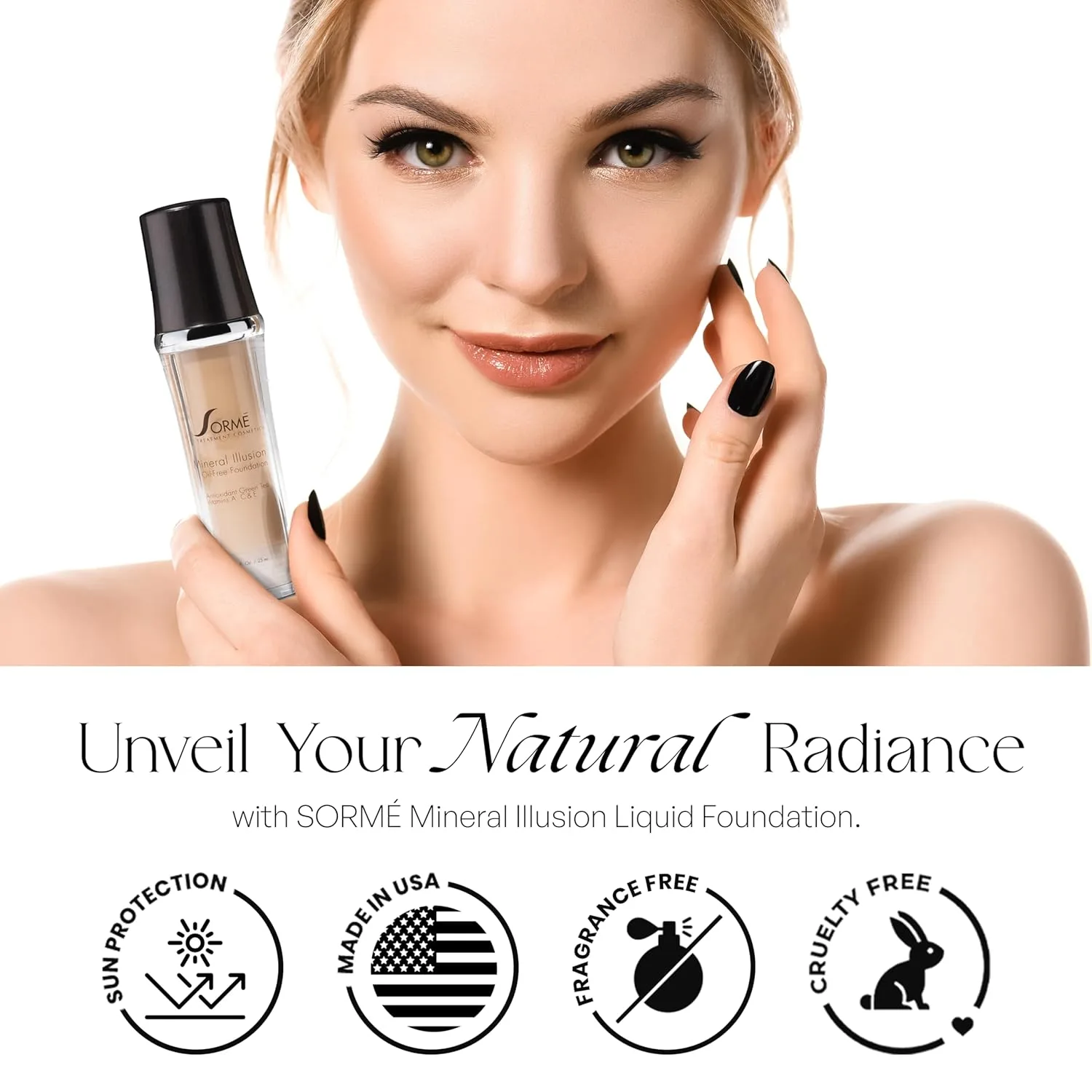 SORMÉ Mineral Illusion тональная основа без отдушек и масел, с минеральным солнцезащитным фильтром, увлажняющая с маслом ши и витаминами A, C, E, среднее покрытие, 25 мл, Porcelain — фото 3