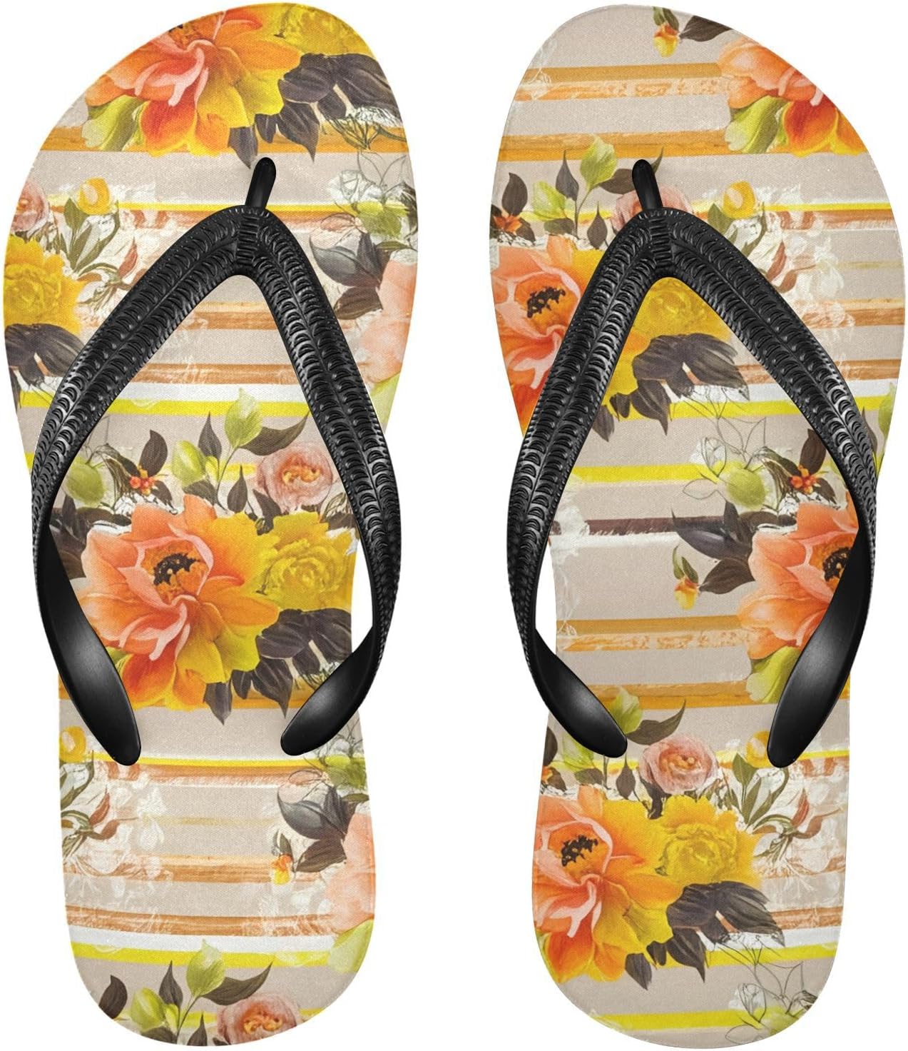 

Вьетнамки с цветочным рисунком розы и пионы, бежевые полосатые, пляжные, для душа, резиновые, нескользящие, летние тапочки для женщин и мужчин Sinestour