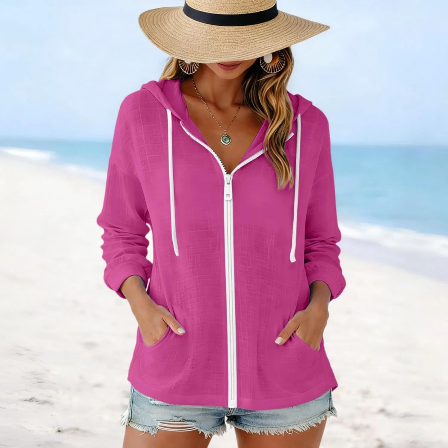 Женская худи на молнии с капюшоном, Cotton Linen Blend, Hot Pink — фото 2