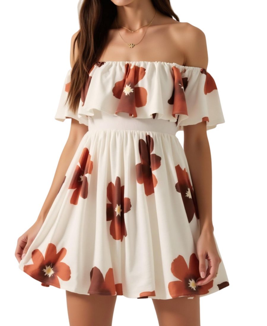 

Женское мини-платье с цветочным принтом, открытыми плечами и оборками на лифе Modenaire, White floral