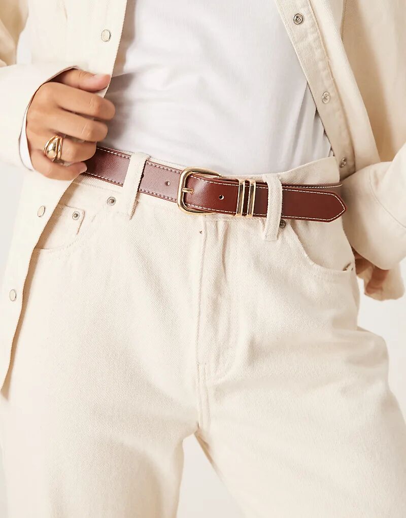 

Ремень из искусственной кожи Mango с золотой пряжкой коричневого цвета