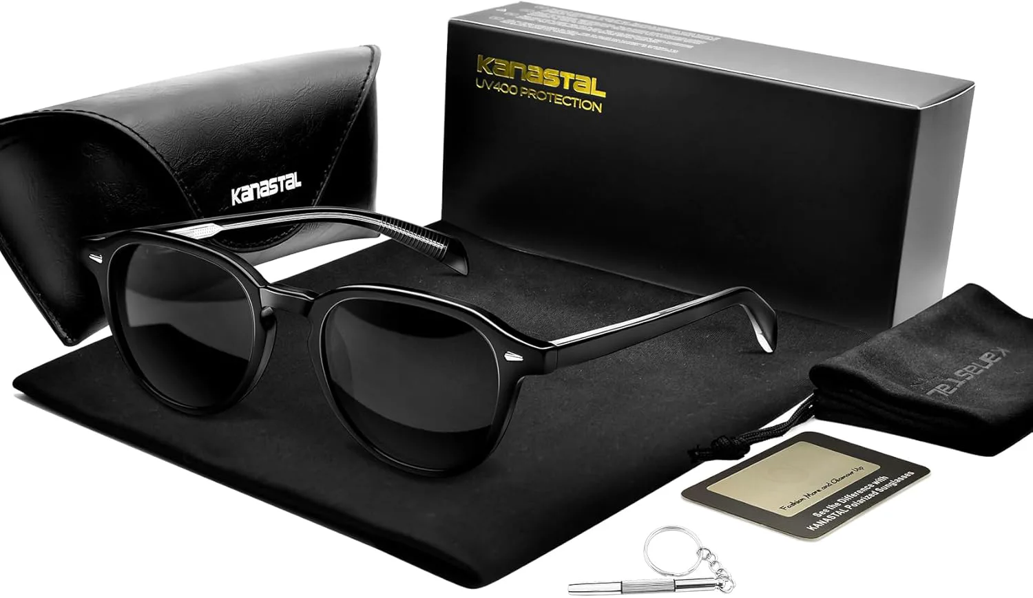 

Солнцезащитные очки KANASTAL из ацетата с поляризацией, для женщин и мужчин, защита от ультрафиолета UV400, ретро-форма, круглые, модные, 【a1】shiny Black/Black