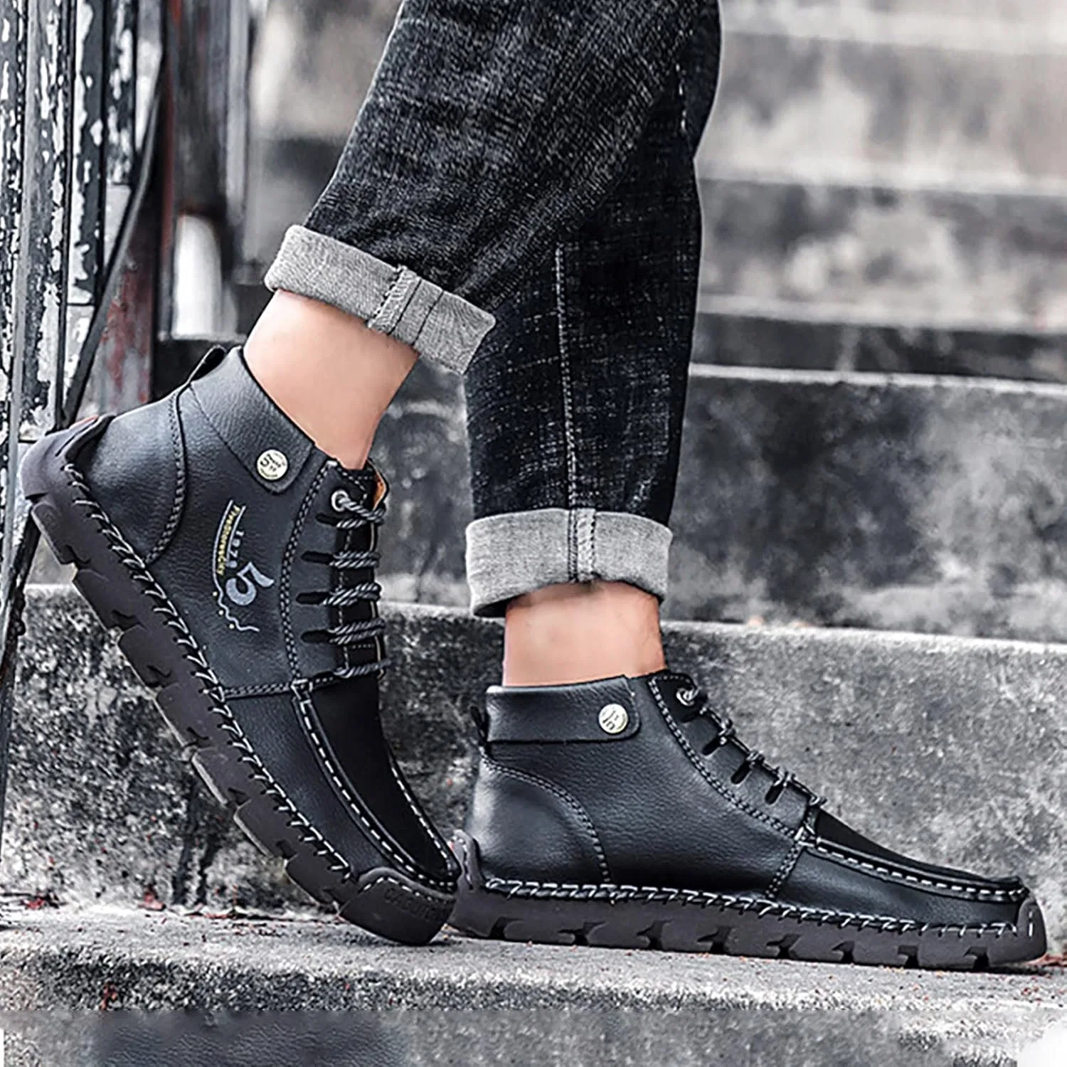 Туфли Mens Shoes Sporty Elegant British Large Casual Mens Leather Handmade Foreign Trade Lace Up Sports Shoes Mens Outdoor Shoes Wide Generic, Black — фото 3