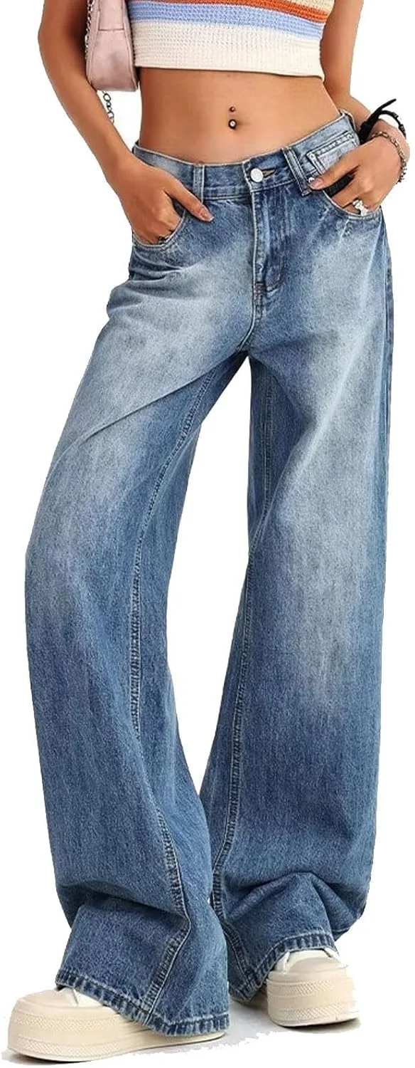 

Viatabuna женские джинсы low rise wide leg light washed blue straight baggy
