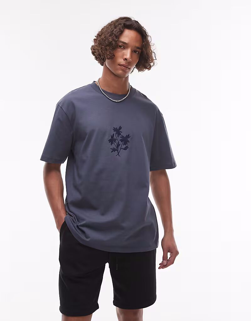 

Футболка Topman premium oversize с цветочной вышивкой синего цвета