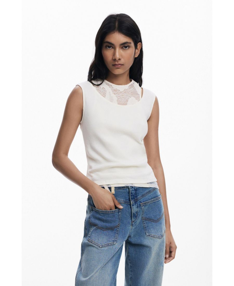 

Женская двухслойная футболка без рукавов Desigual, Off white, Белый, Женская двухслойная футболка без рукавов Desigual, Off white