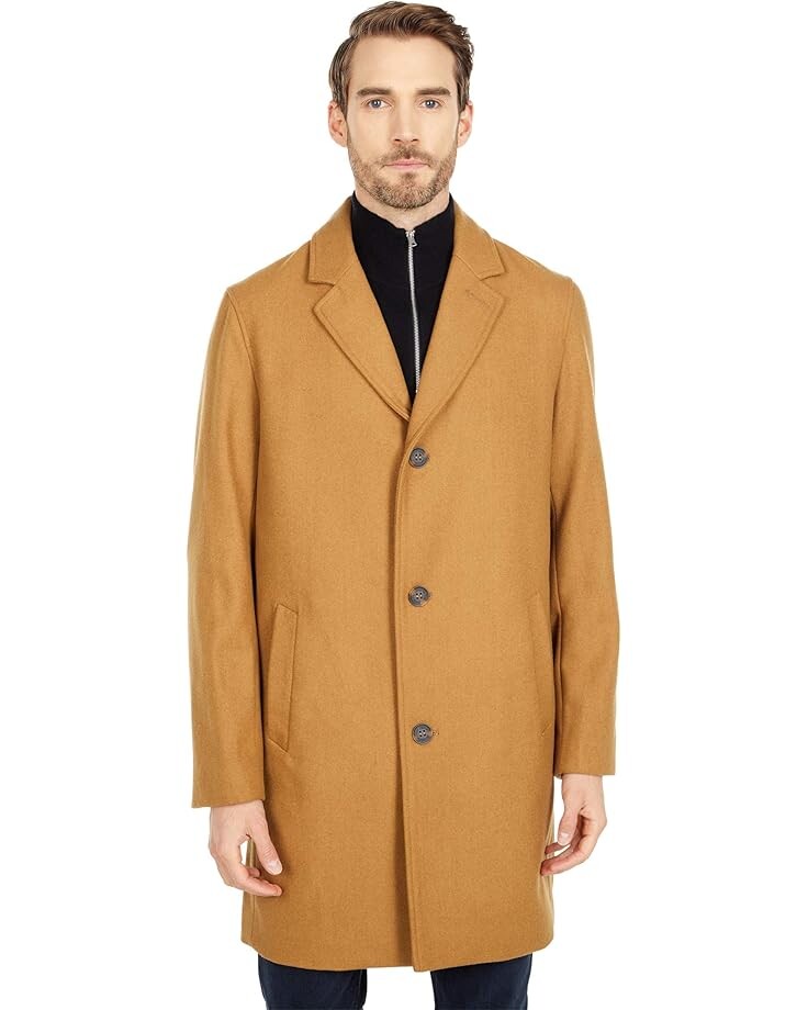 

Пальто Cole Haan 37" Melton Wool Notched Collar Coat with Welt Body Pockets, кэмел