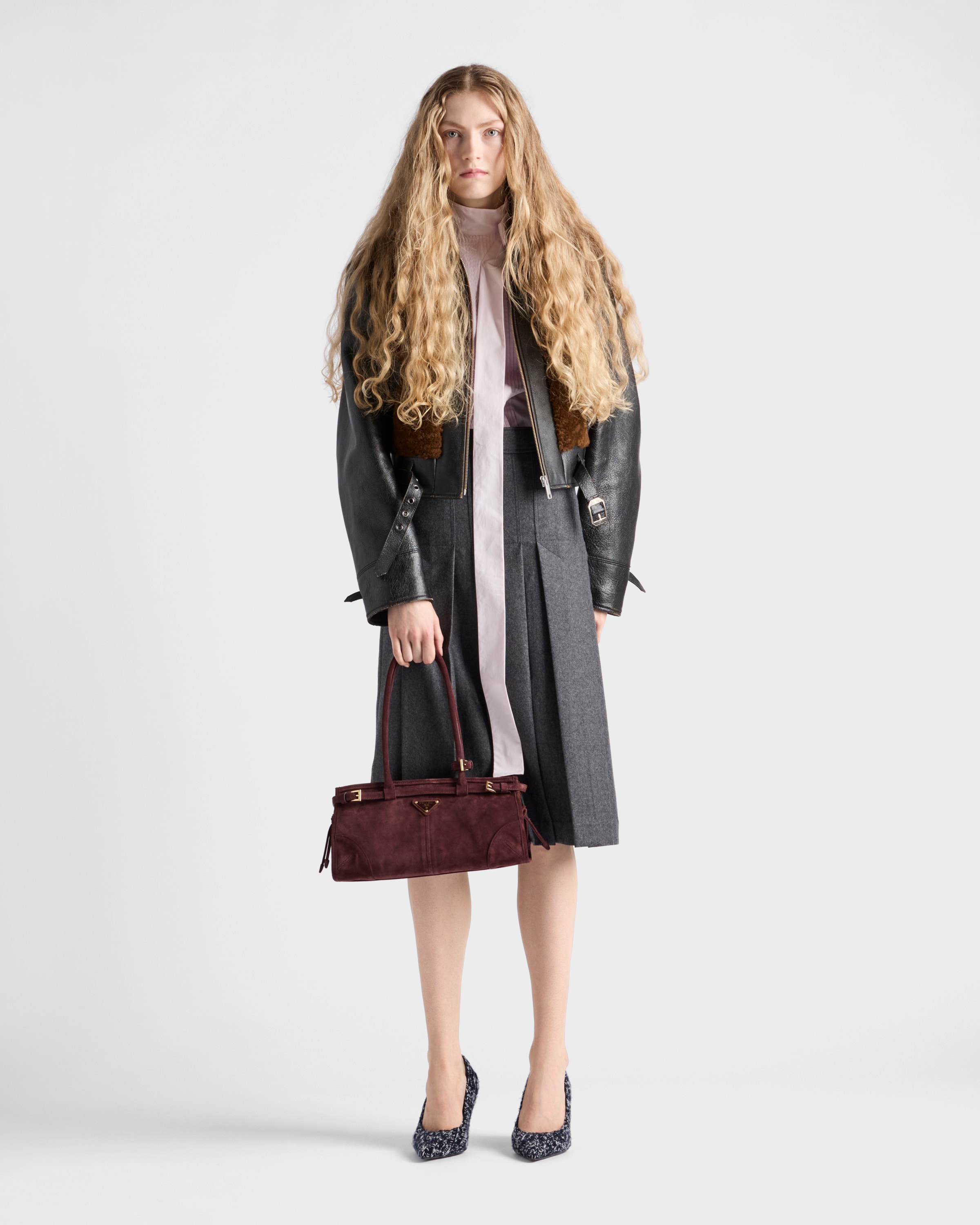Плиссированная юбка из фланели Prada, грифельно-серый — фото 2