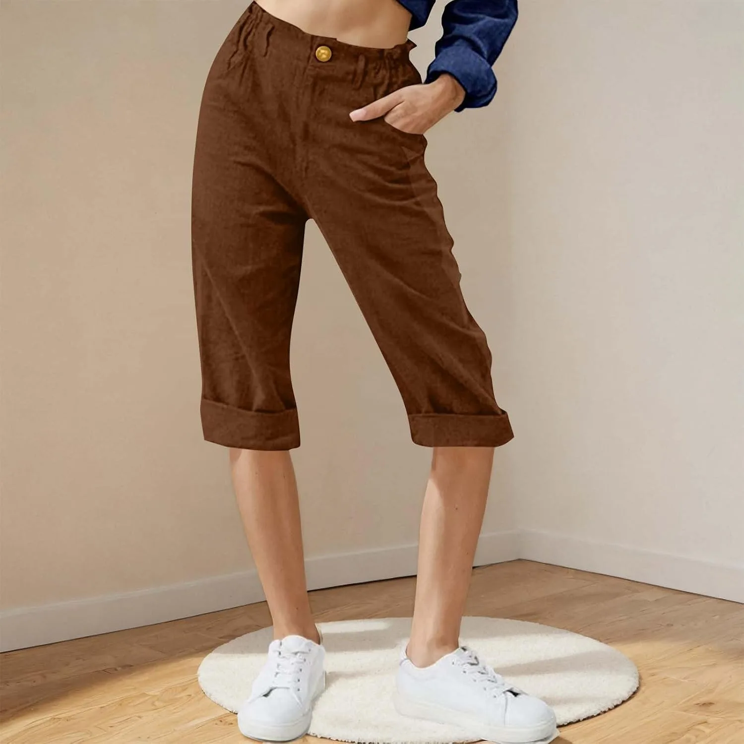 Женские хлопковые льняные капри брюки Casual на резинке с высокой талией прямого кроя укороченные летние с карманом Generic, кофейный — фото 2