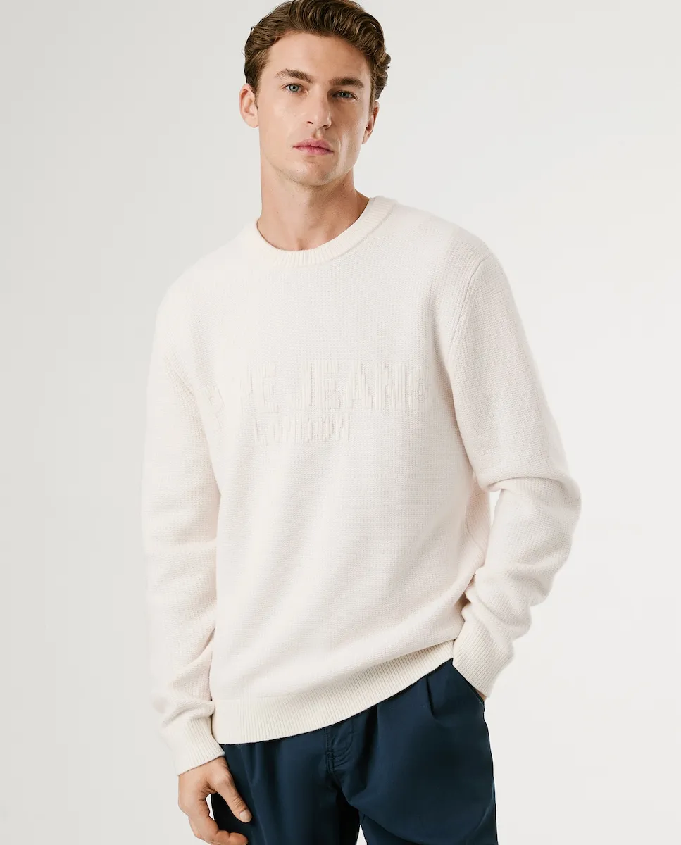 

Мужской джемпер с круглым вырезом и тисненным логотипом Pepe Jeans, светло-бежевый