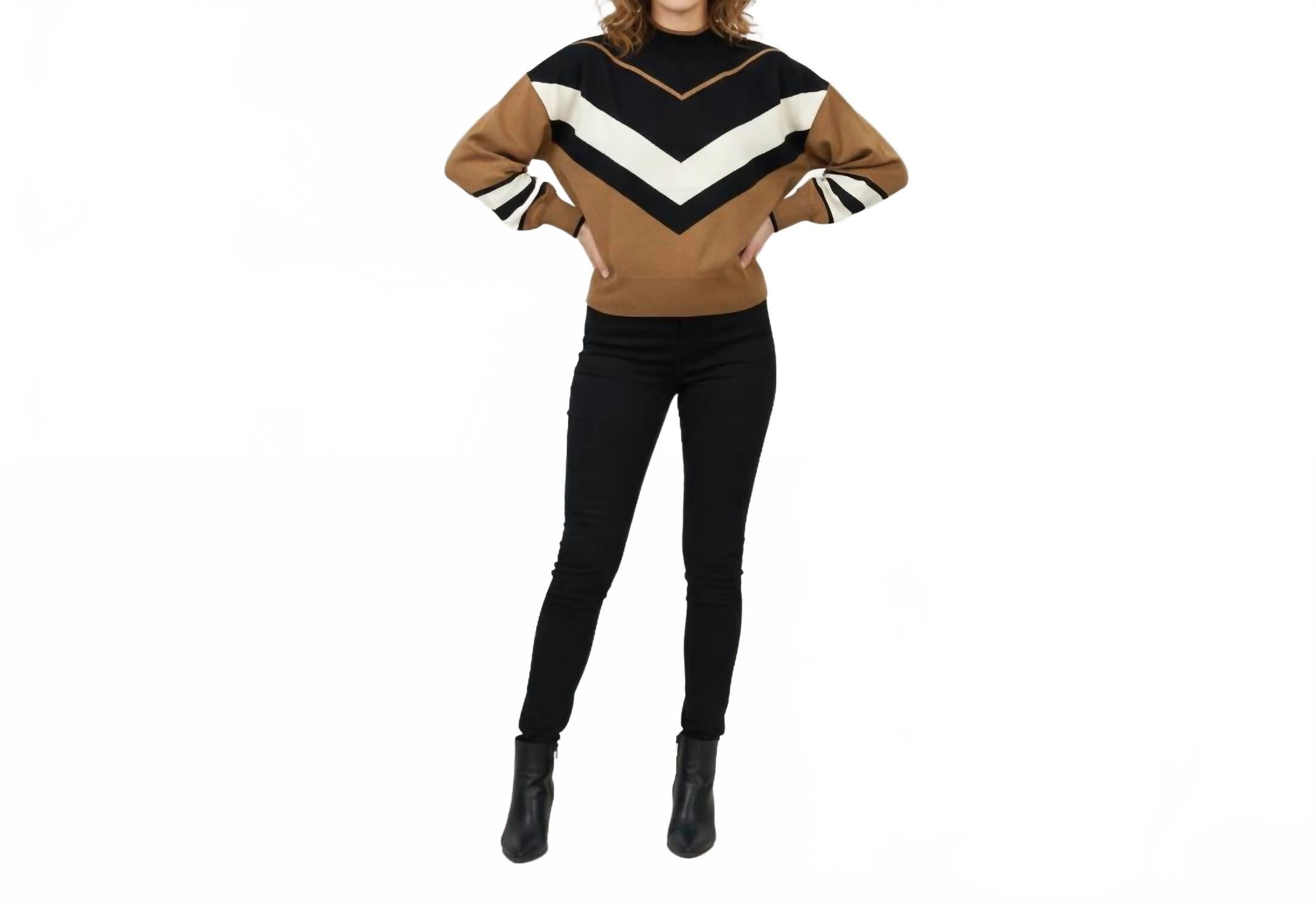 

Вязаный свитер с воротником-стойкой в ​​коричневом цвете Kathie K, Brown Combo