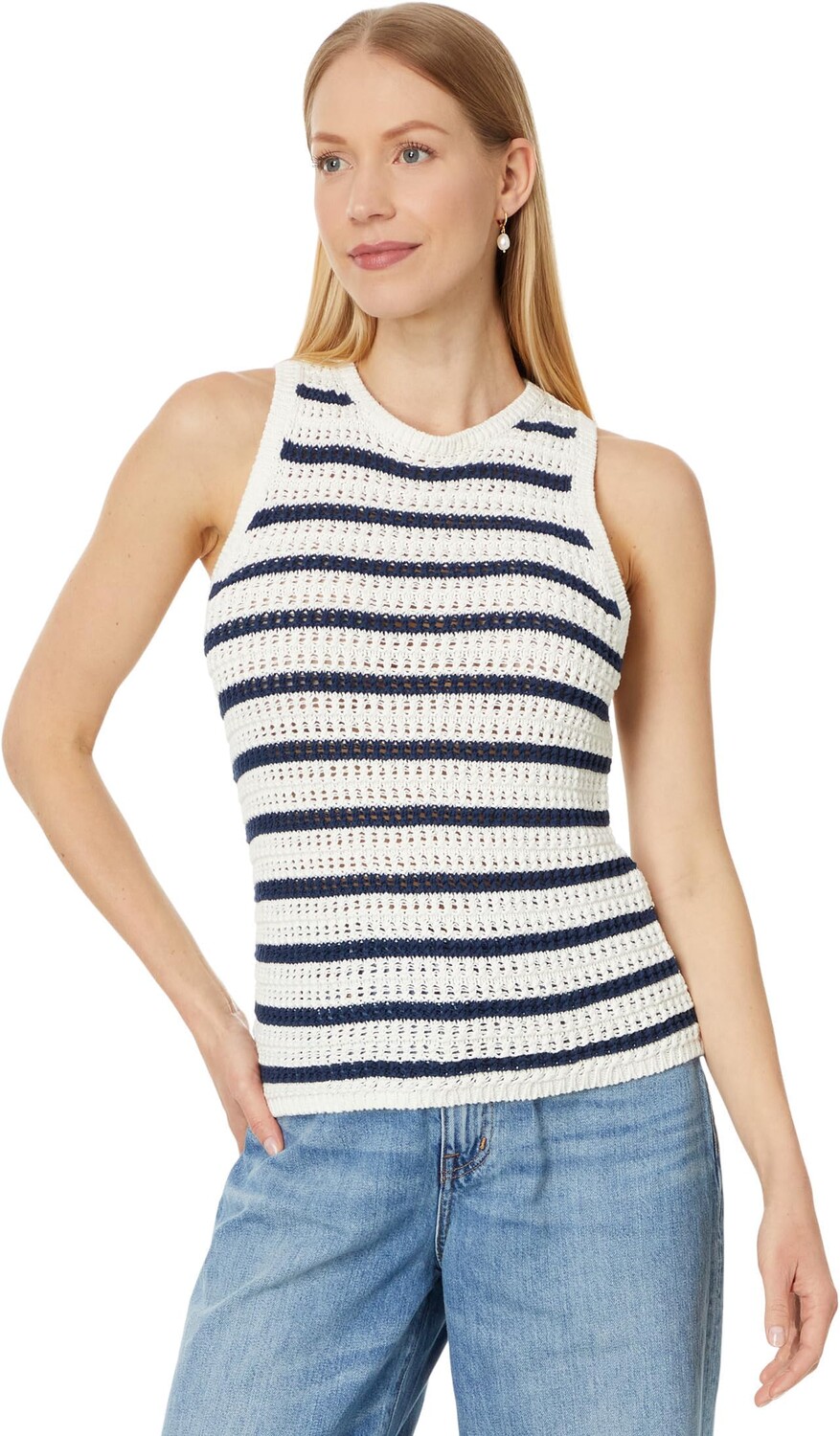 

Свитер Madewell Crochet-Knit Crewneck Sweater Tank in Stripe, цвет Bright Ivory Stripe