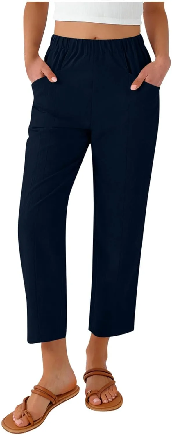 

Женские льняные капри летние свободные прямые брюки на резинке с высокой талией Hnodov