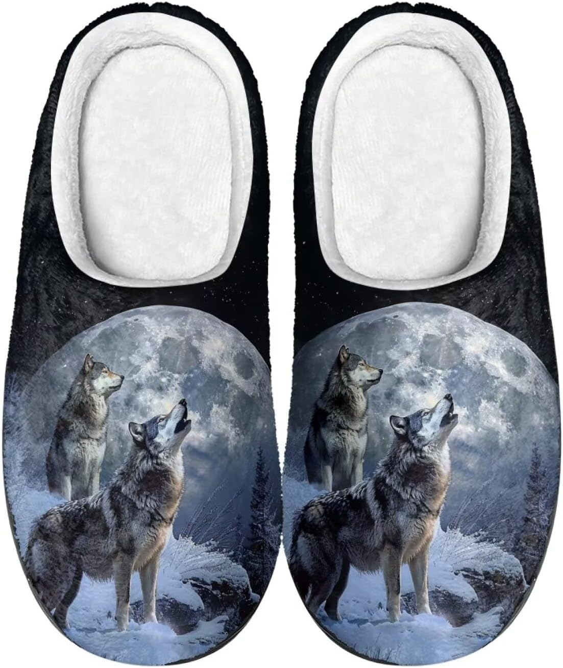 

Тапочки Xpyiqun для женщин и мужчин, домашние слипоны, пушистые теплые зимние тапочки, размер 4-12, Wolf Moon