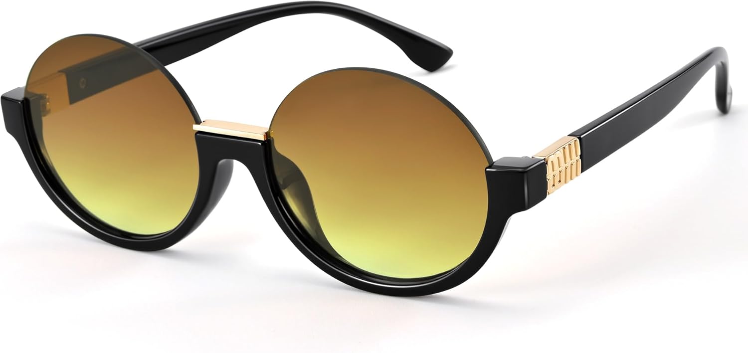 

Легкие круглые солнцезащитные очки без оправы, полуободковые, для женщин и мужчин, в стиле ретро, ​​винтажные, с защитой от УФ-излучения, для повседневной носки и отдыха на природе Revemo, A03 Black+ Gradient Brown Lens