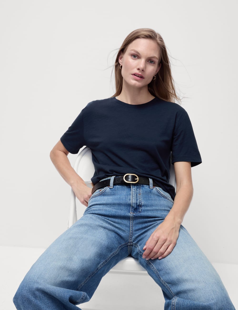 

Футболка свободного кроя из хлопкового модала Marks & Spencer, темно-синий