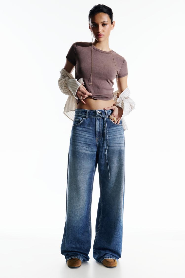 

Мешковатые джинсы с завязками на шнурке Pull And Bear, индиго