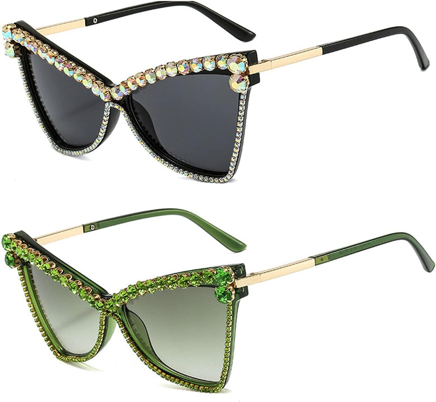 

Солнцезащитные очки Willochra Diamond Cat Eye для женщин, с бриллиантами и стразами, большие солнцезащитные очки для мужчин, 2021 год, ретро-очки, винтажные, с защитой от УФ-излучения UV400, 2pack-black&green