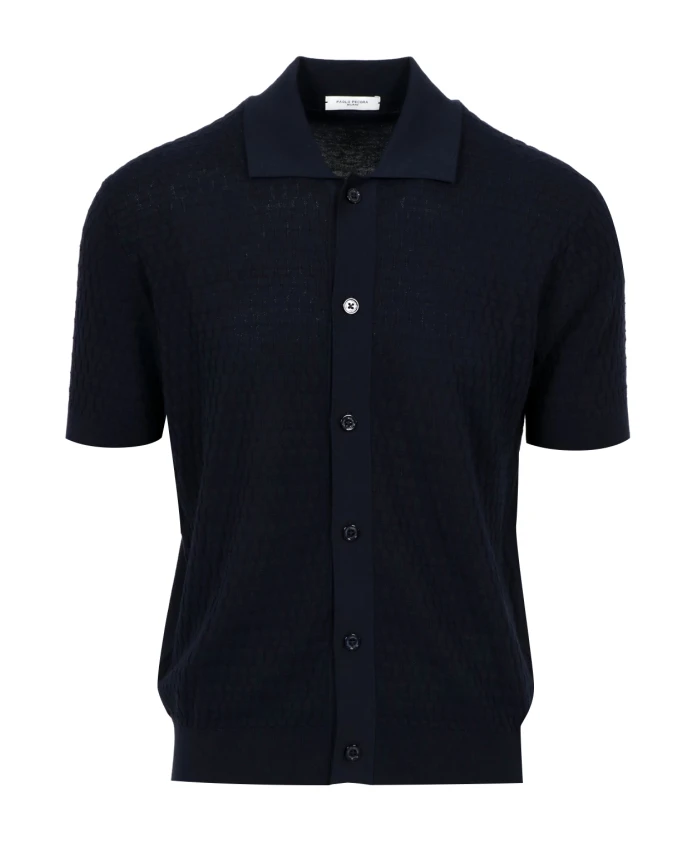 

Синяя хлопковая рубашка-поло с тканым узором по всей поверхности. Paolo Pecora, синий