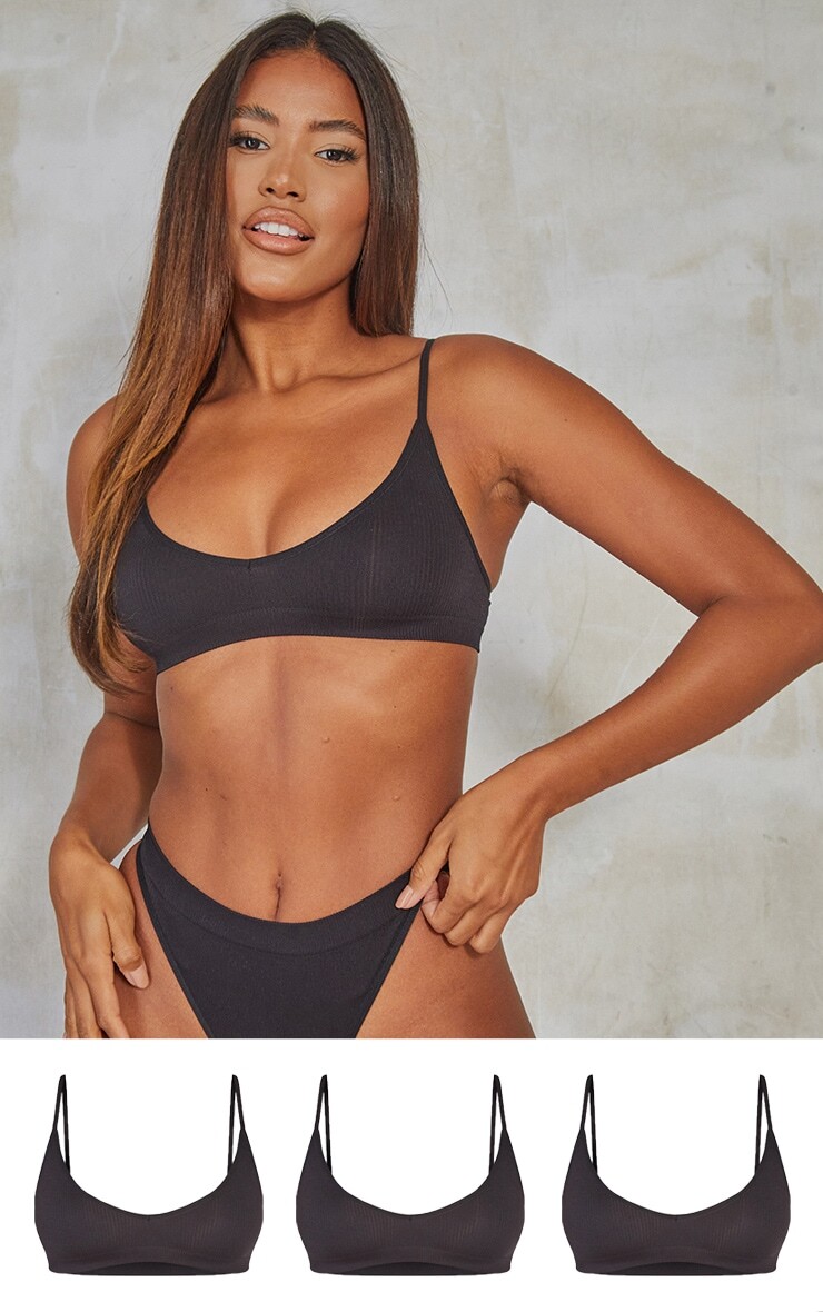 

PrettyLittleThing Черный бесшовный бюстгальтер с овальным вырезом в рубчик, набор из 3 шт.