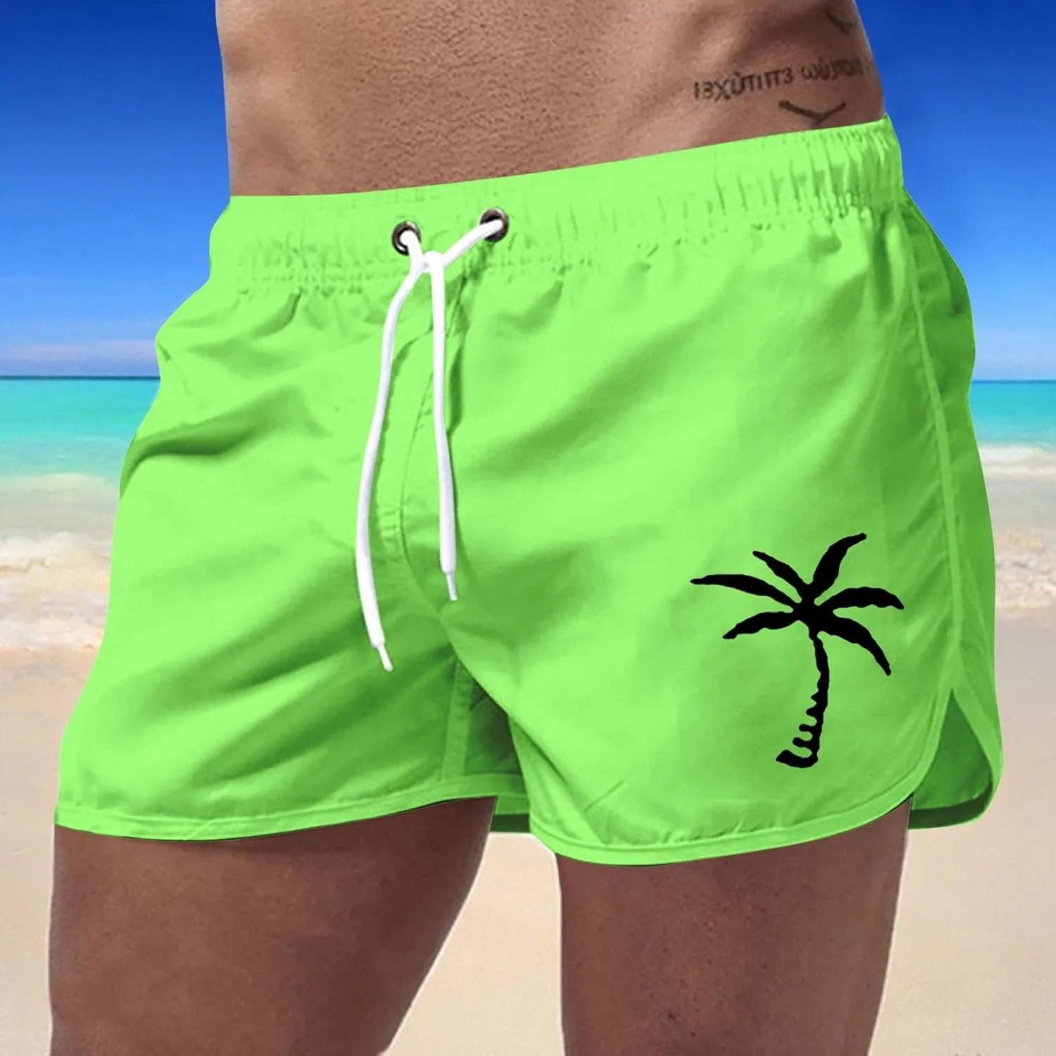 Generic Мужские плавки 5 Inch Inseam с принтом "кокосовая пальма", быстросохнущие шорты для серфинга с эластичным поясом, летние плавки с карманами — фото 3