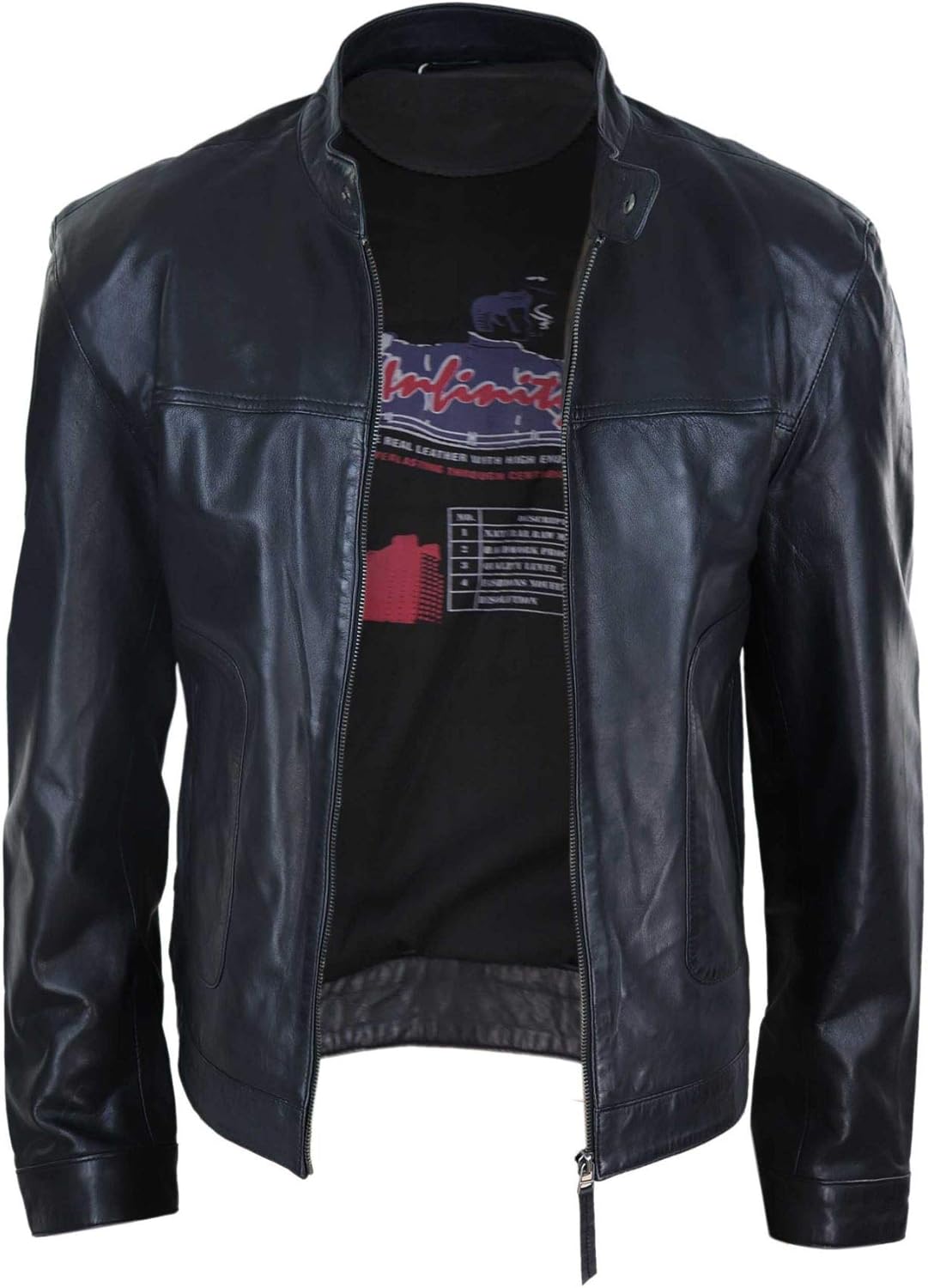 Mens Classic Casual Genuine Leather Biker Style Jacket Collarless Retro Infinity Leather, черный — фото 3