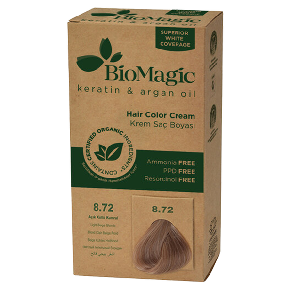 

Краска для волос светло-бежевый блондин 8.72, 250 г Biomagic Keratin&Argan oil, цвет beżowy blond 8.72