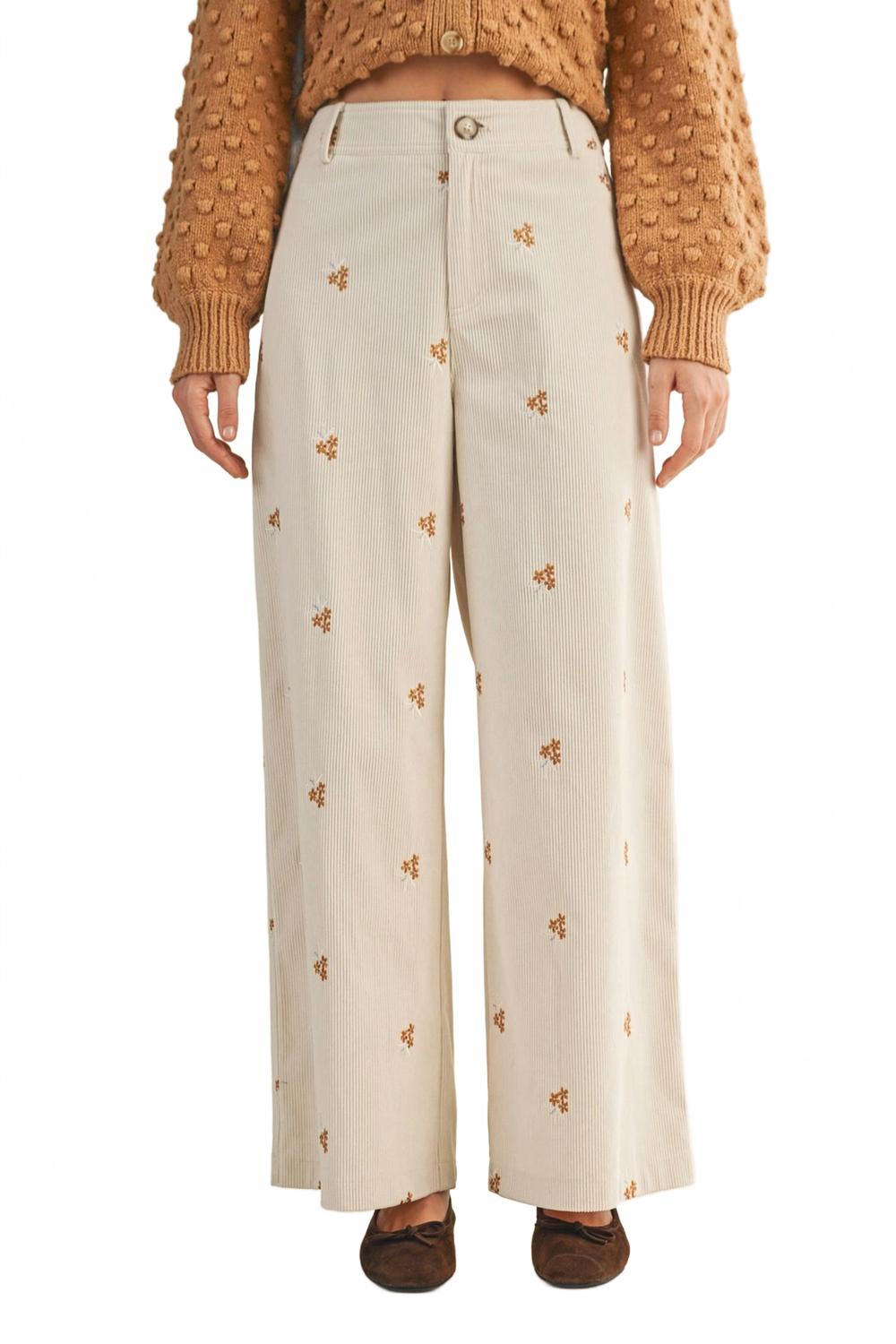 

Вышитые вельветовые брюки широкого кроя кремового цвета Mustard Seed, кремовый