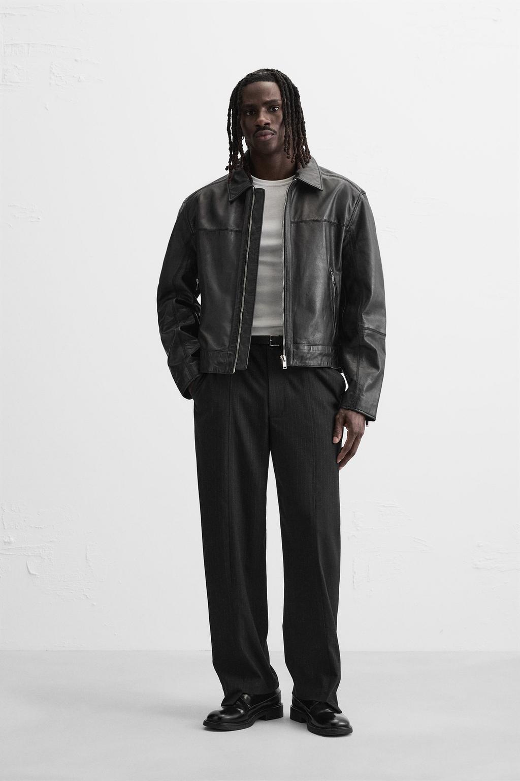 

Кожаная куртка свободного покроя ZARA, черный
