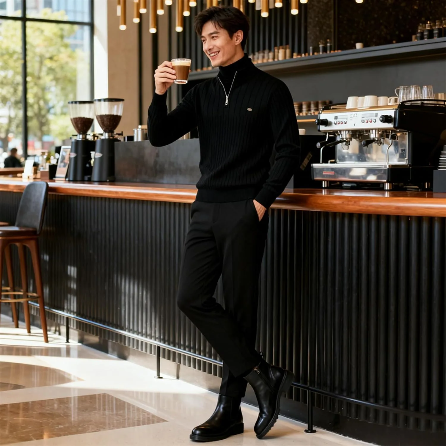 Мужской пуловер с четвертью молнии Slim Fit Mock Neck легкий вязаный с резинкой — фото 3