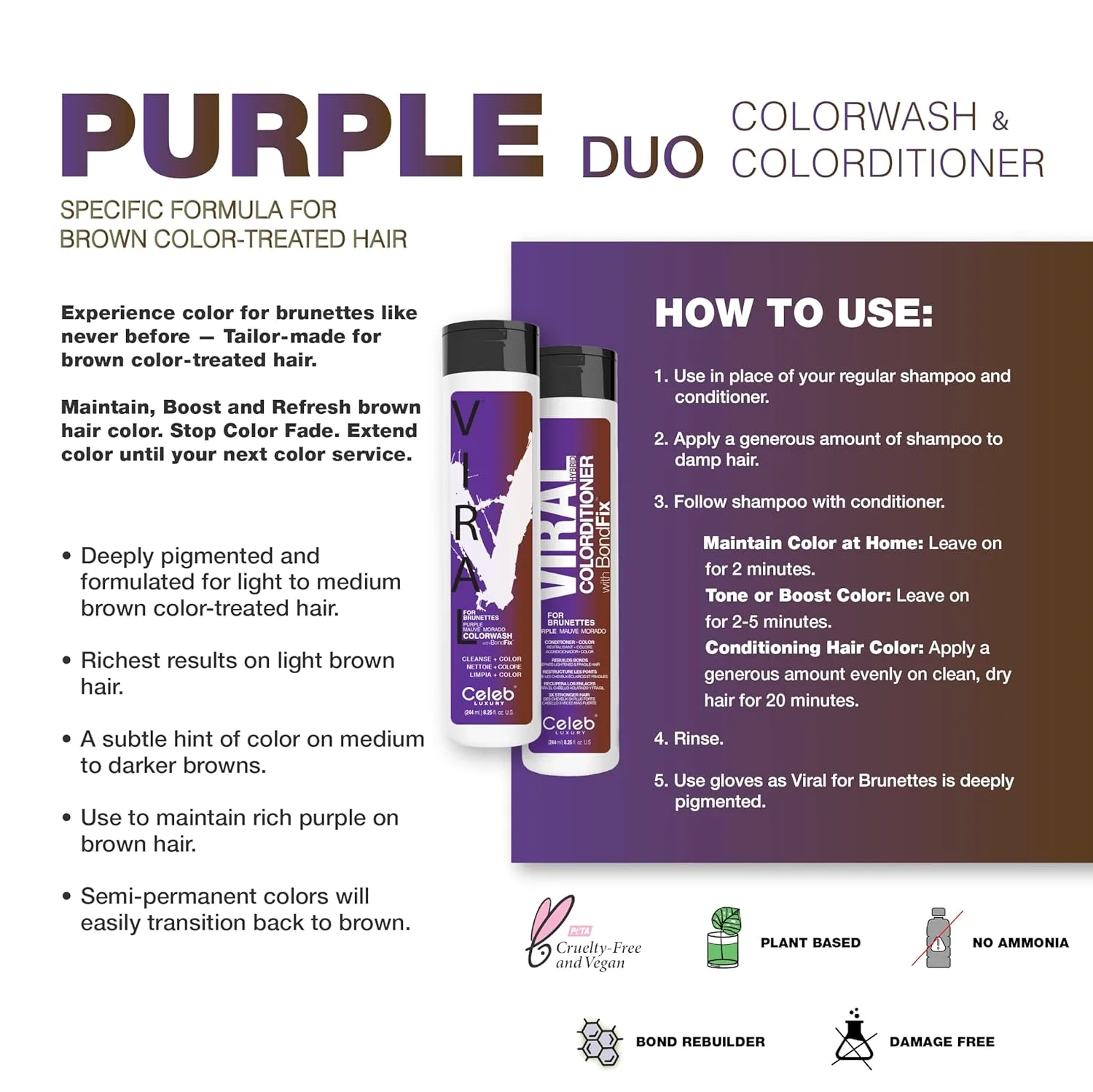 Celeb Luxury Intense Color Depositing Colorwash шампунь + BondFix восстанавливающее средство, веганская краска для волос, на основе растений, полуперманентный цвет, наборы Viral и Gem Lites, Purple for Brunettes — фото 3