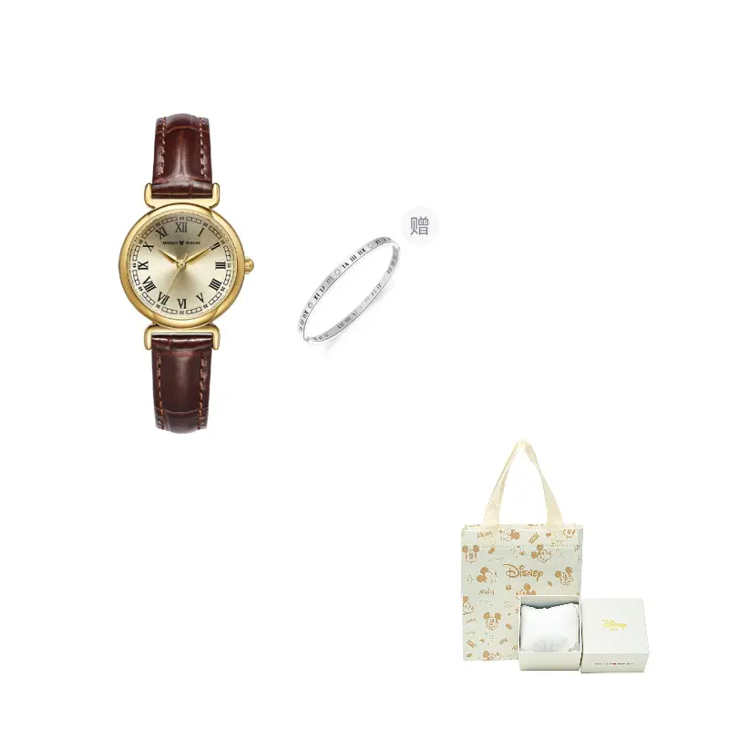 

Disney Часы Quiet Luxury Small Brown Watch Collection Quartz Movement Genuine Leather Strap Watch Women's Watch Gold Dial