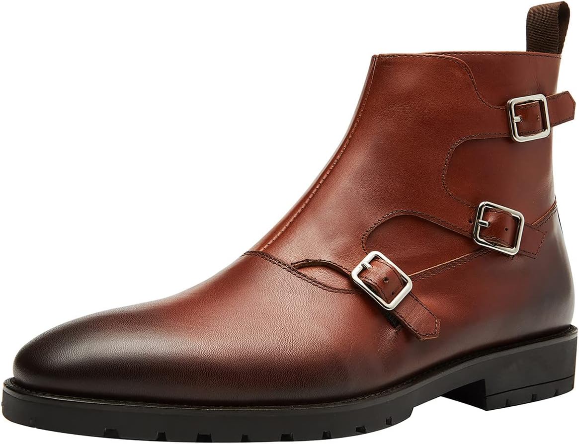 

Мужские ботинки Santimon на щиколотку из натуральной кожи, с простым носком, застежкой-монк и классическим стилем челси, ковбойские, коричневый